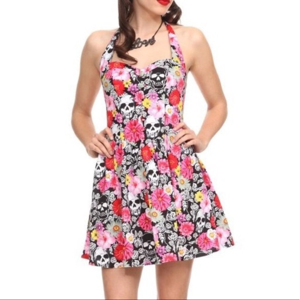 Hell Bunny skulls and flowers halter neck skater dress Size Large